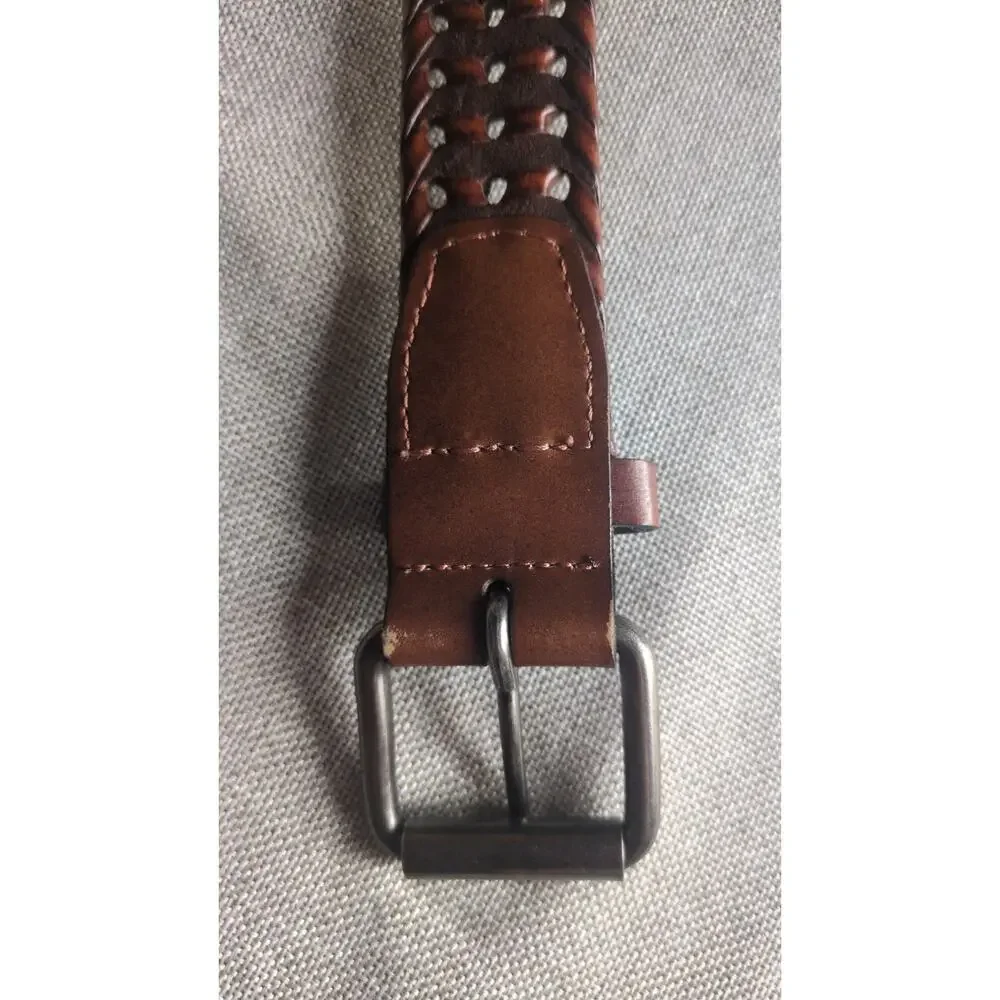 Vintage Brown Braided Men's Vegan Faux Leather Brown Belt 40, Silver Buckle